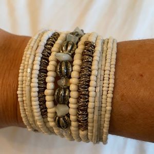 White & Silver Beaded Multi Strand Wide Cuff Wrap Bracelet Handmade S. Africa